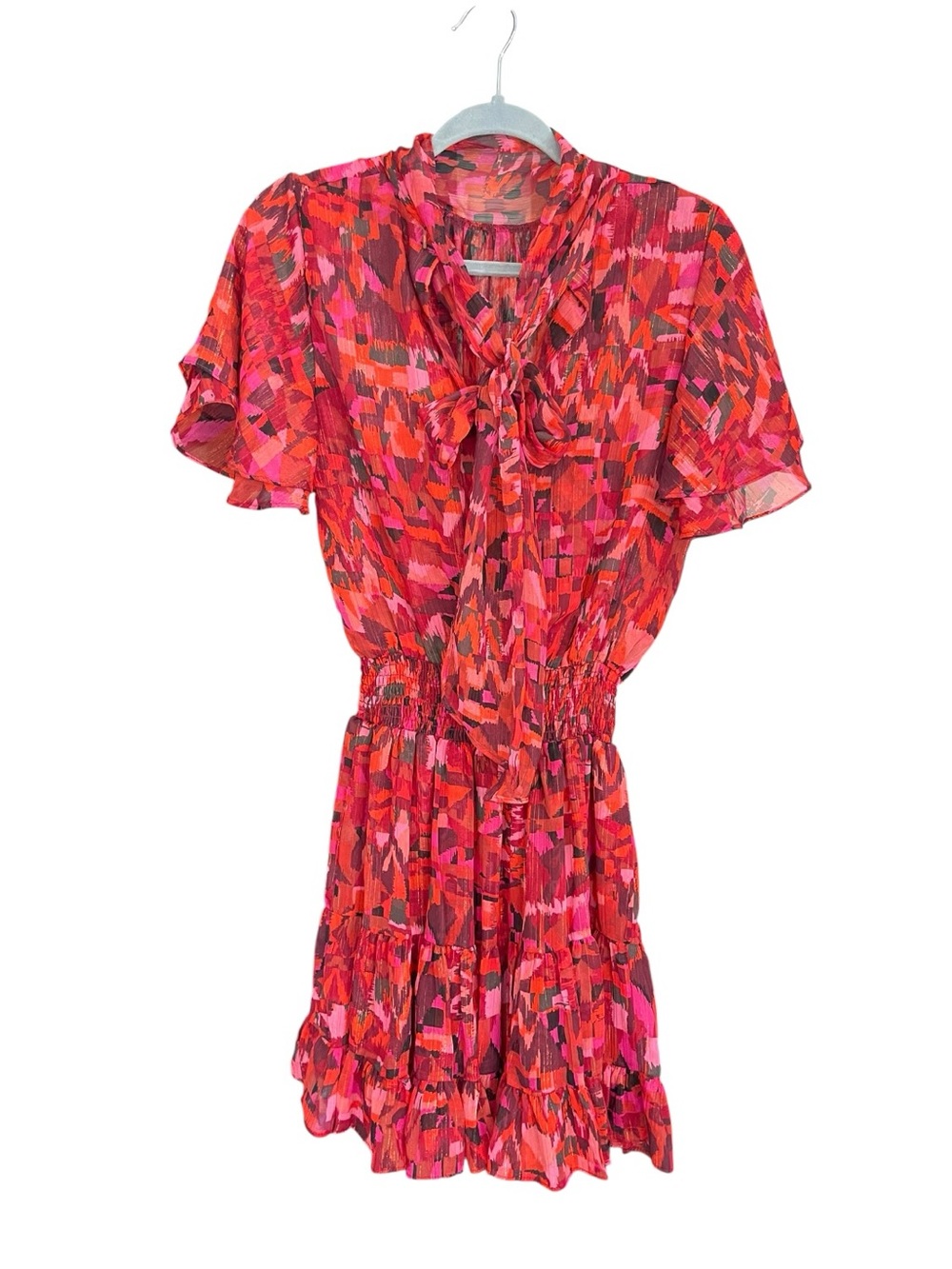 MISA Los Angeles S Abstract Print Metallic Tie Neck Tiered Mini Dress